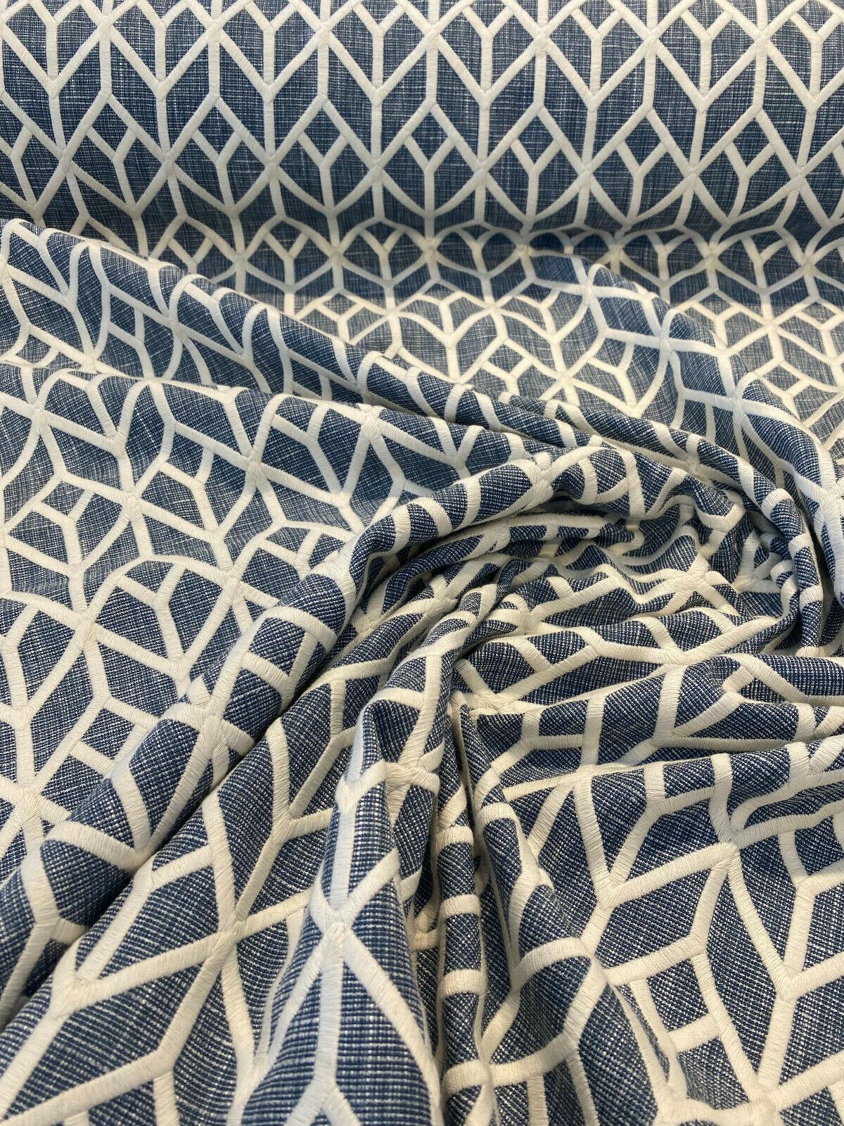 Waverly Key Elements Woven Fabric - Blue Embroidered Geometric, 56" Width (1 Yard)