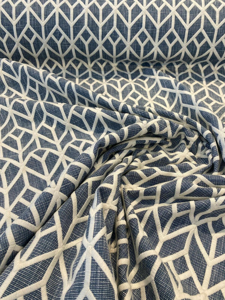 Waverly Key Elements Woven Fabric - Blue Embroidered Geometric, 56" Width (1 Yard)
