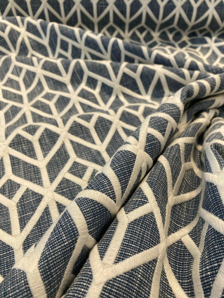 Waverly Key Elements Woven Fabric - Blue Embroidered Geometric, 56" Width (1 Yard)