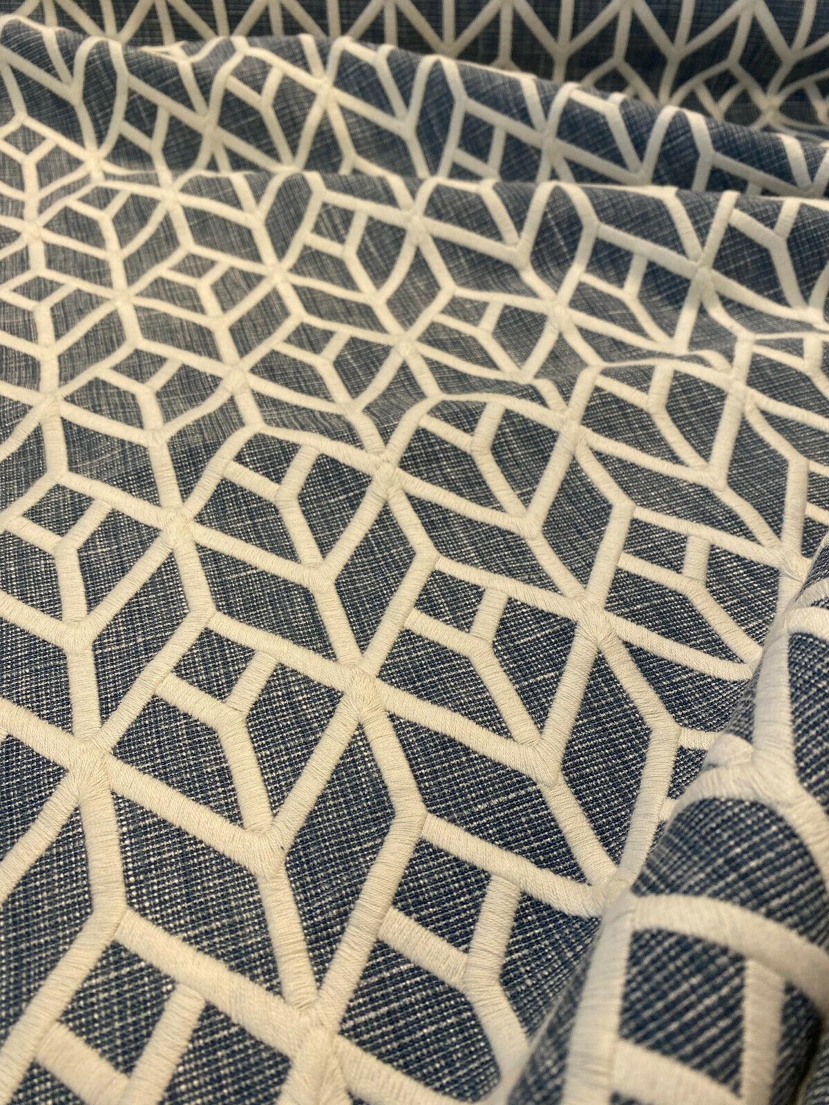 Waverly Key Elements Woven Fabric - Blue Embroidered Geometric, 56" Width (1 Yard)