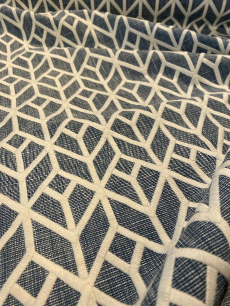 Waverly Key Elements Woven Fabric - Blue Embroidered Geometric, 56" Width (1 Yard)