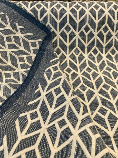 Waverly Key Elements Woven Fabric - Blue Embroidered Geometric, 56" Width (1 Yard)
