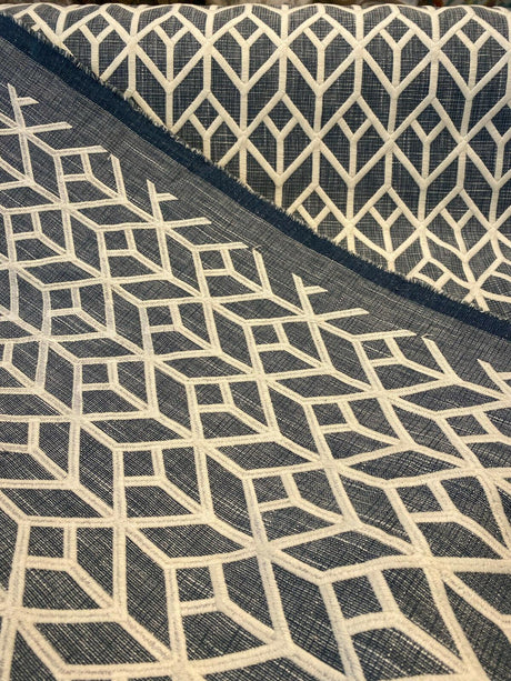 Waverly Key Elements Woven Fabric - Blue Embroidered Geometric, 56" Width (1 Yard)