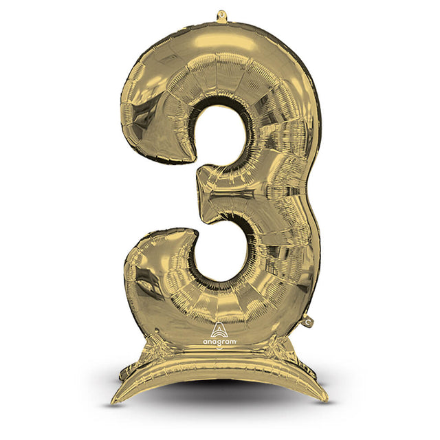 Number Balloon 53 Inch Stand-Up 3 White Gold