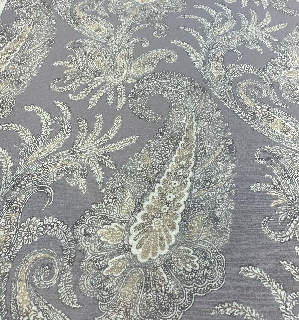 Peaceful Journey Linen Cotton Fabric - Gray White Cream Paisley Print, 54" Width (1 Yard)