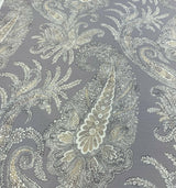 Peaceful Journey Linen Cotton Fabric - Gray White Cream Paisley Print, 54" Width (1 Yard)