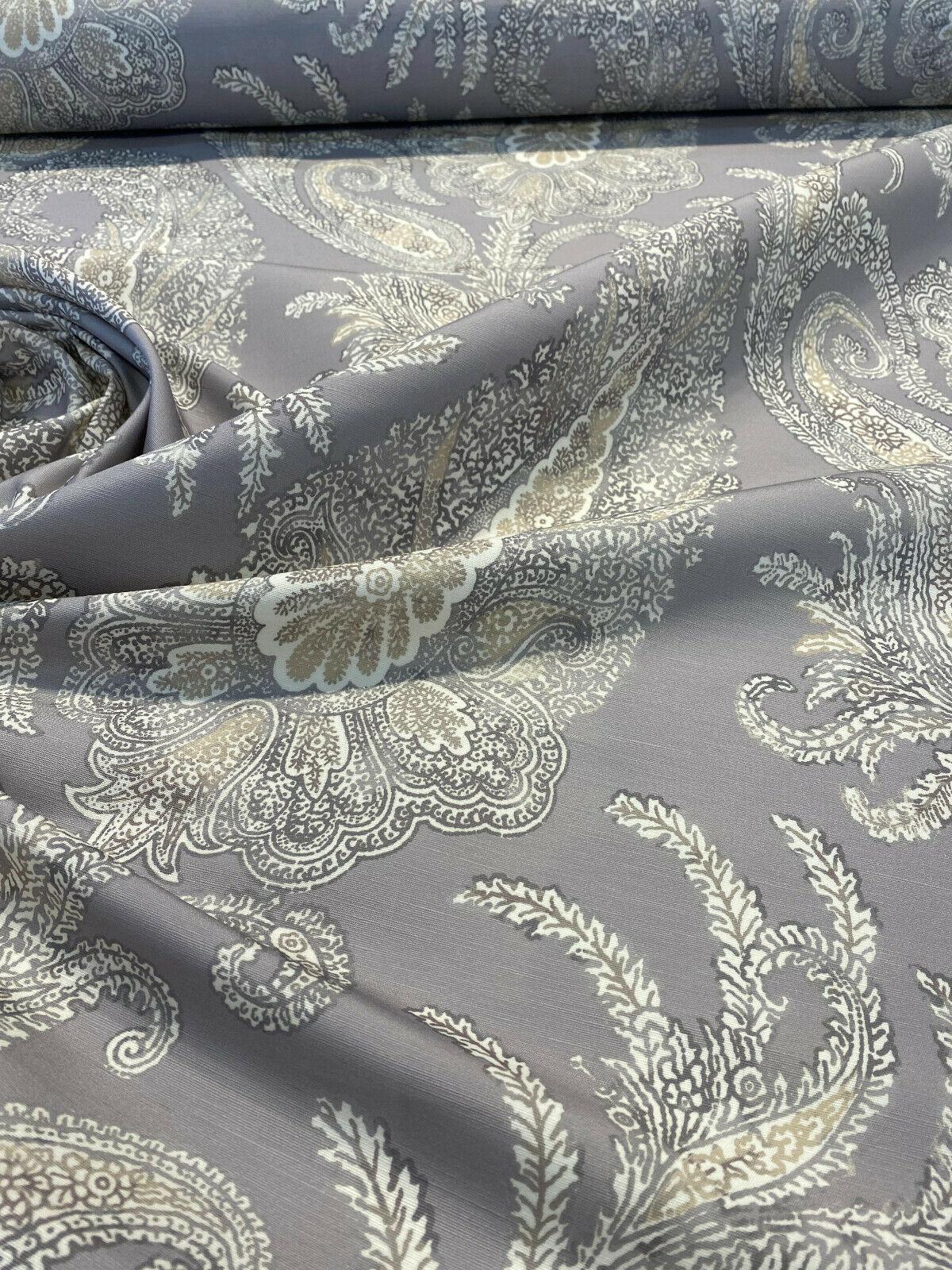 Peaceful Journey Linen Cotton Fabric - Gray White Cream Paisley Print, 54" Width (1 Yard)
