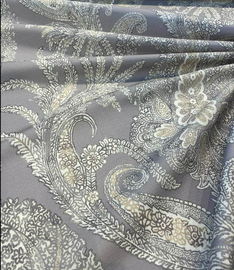 Peaceful Journey Linen Cotton Fabric - Gray White Cream Paisley Print, 54" Width (1 Yard)