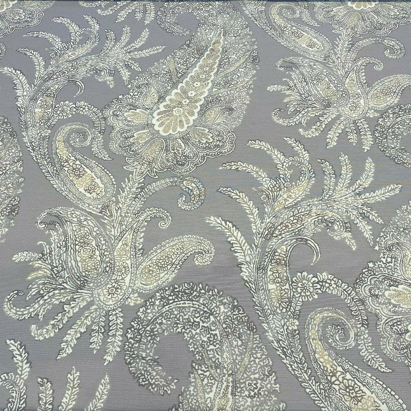 Peaceful Journey Linen Cotton Fabric - Gray White Cream Paisley Print, 54" Width (1 Yard)