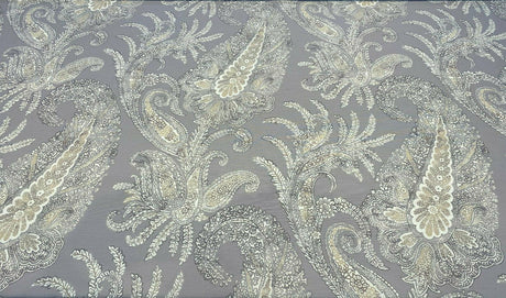 Peaceful Journey Linen Cotton Fabric - Gray White Cream Paisley Print, 54" Width (1 Yard)