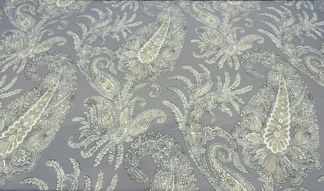 Peaceful Journey Linen Cotton Fabric - Gray White Cream Paisley Print, 54" Width (1 Yard)