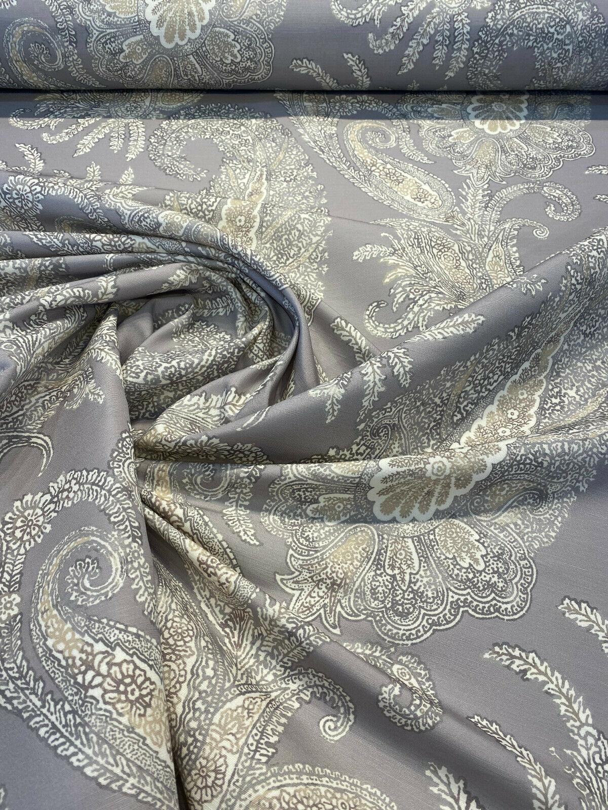 Peaceful Journey Linen Cotton Fabric - Gray White Cream Paisley Print, 54" Width (1 Yard)