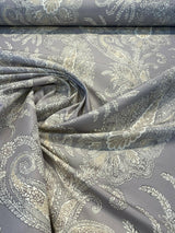 Peaceful Journey Linen Cotton Fabric - Gray White Cream Paisley Print, 54" Width (1 Yard)