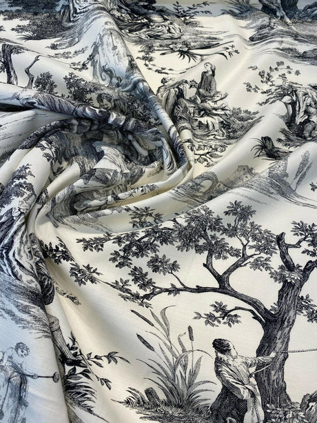 Waverly Toile Idyllic Days 100 Percent Cotton Fabric - Black Noir, White/Off White Toile, 54" Width (By The Yard)