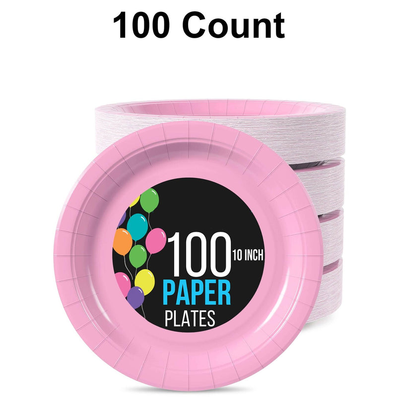 100 Count Pink Paper Plates Durable Disposable Party Plates for Weddings and Events 10"