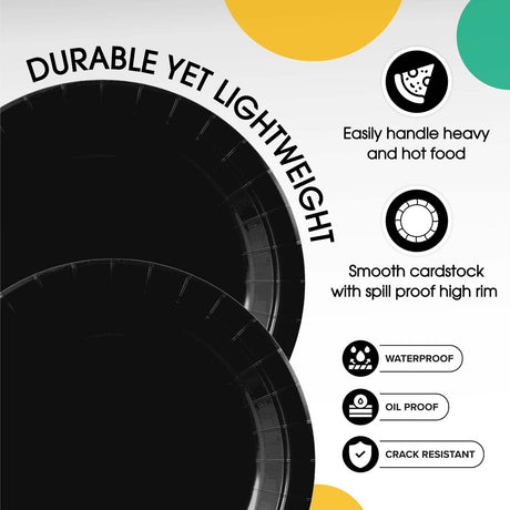 100 Count Black Paper Plates 7 Inch Durable Disposable Supplies for Parties