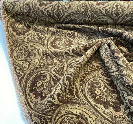 Swavelle Paisley Home Pecan Chutney Poly Chenille Fabric - Pecan Brown Gold Antique Gold Paisley, 57" Width (1 Yard)