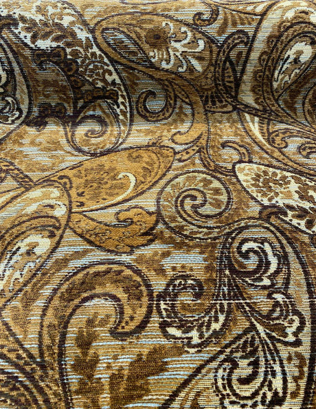 Fairchild Chenille Upholstery Fabric - Chocolate Teal Paisley, 57" Width (1 Yard)