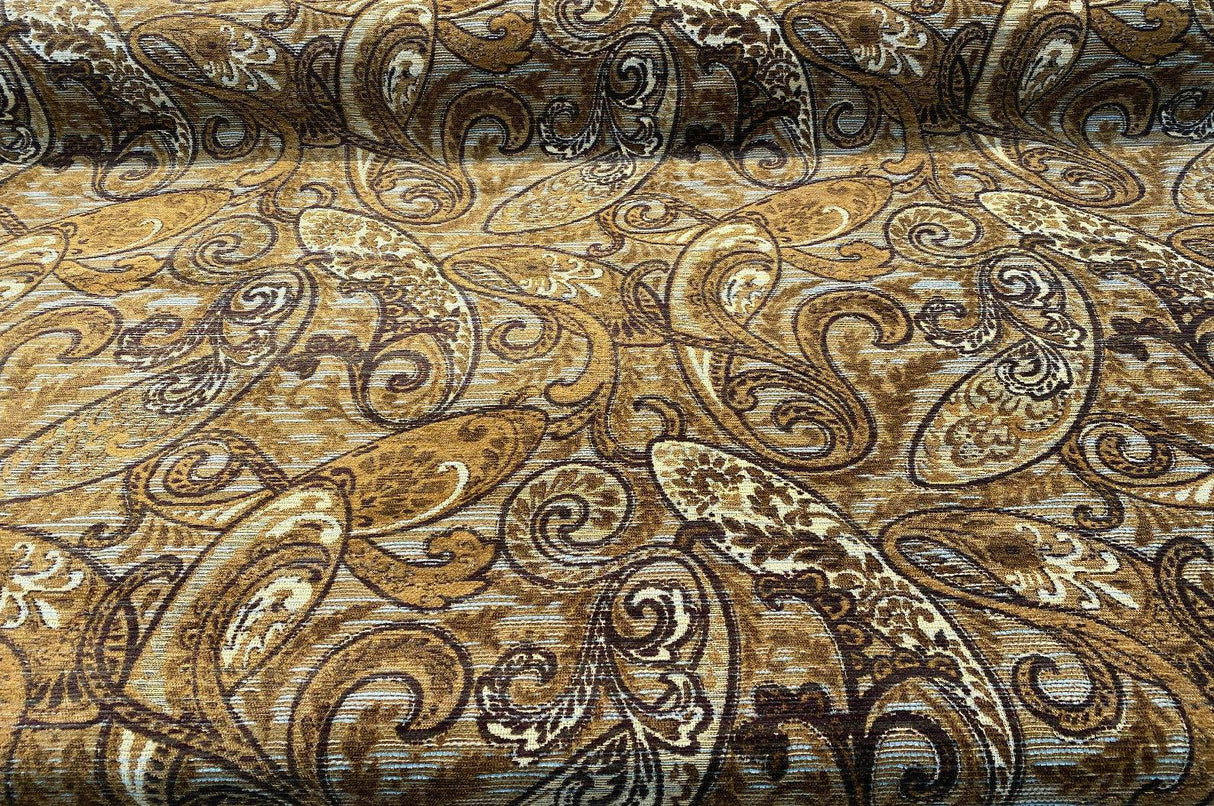 Fairchild Chenille Upholstery Fabric - Chocolate Teal Paisley, 57" Width (1 Yard)