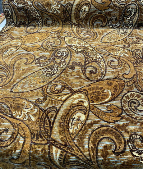 Fairchild Chenille Upholstery Fabric - Chocolate Teal Paisley, 57" Width (1 Yard)