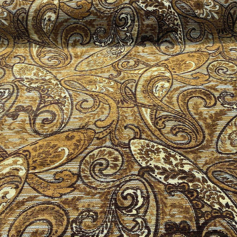 Fairchild Chenille Upholstery Fabric - Chocolate Teal Paisley, 57" Width (1 Yard)