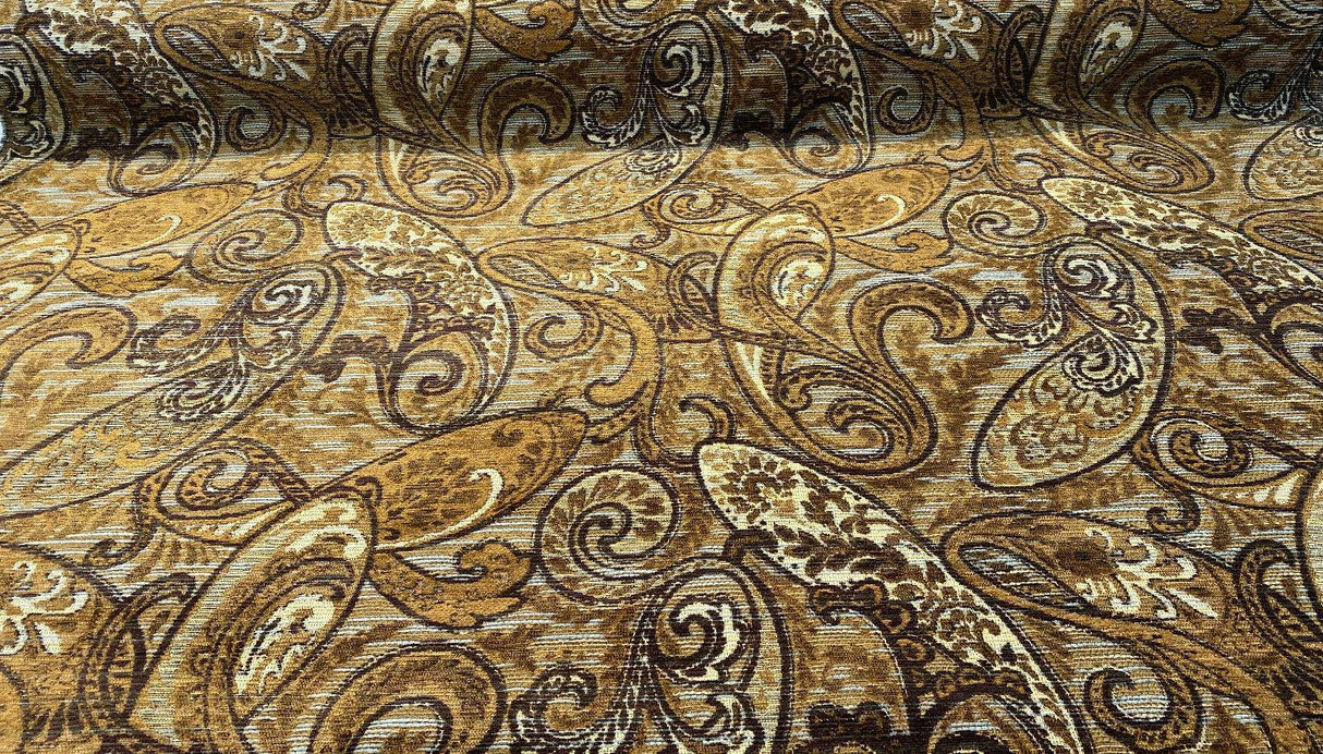 Fairchild Chenille Upholstery Fabric - Chocolate Teal Paisley, 57" Width (1 Yard)