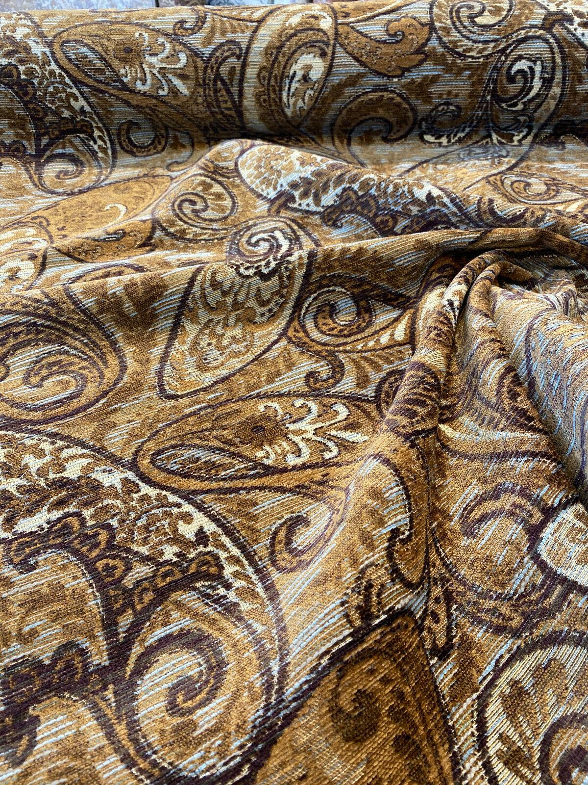 Fairchild Chenille Upholstery Fabric - Chocolate Teal Paisley, 57" Width (1 Yard)