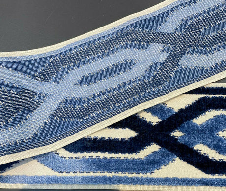 Fabricut Blue Velvet Embroidery Trim Tape - Blue, Navy, Light Blue, Off White / Ivory, 3.50" Width (1 Yard)