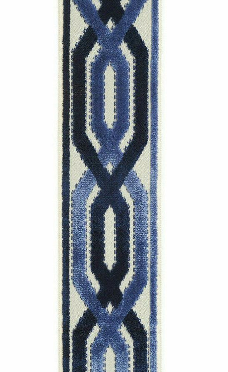 Fabricut Blue Velvet Embroidery Trim Tape - Blue, Navy, Light Blue, Off White / Ivory, 3.50" Width (1 Yard)
