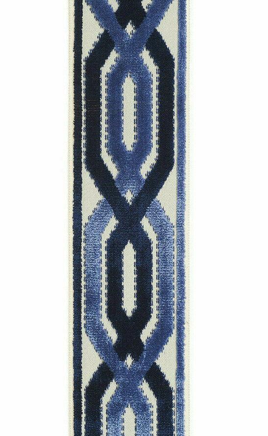 Fabricut Blue Velvet Embroidery Trim Tape - Blue, Navy, Light Blue, Off White / Ivory, 3.50" Width (1 Yard)