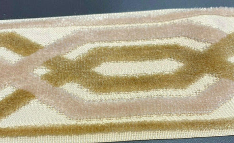 Fabricut Velvet Embroidery Trim Tape - Beige, Gold Off White / Ivory, 3.5" Width (1 Yard)