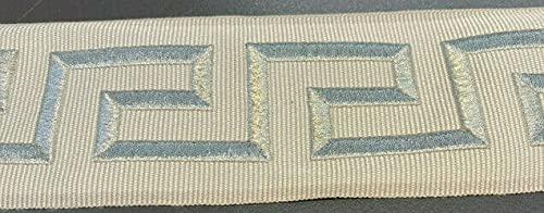 Embroidery Greek Key Silver Trim Tape - Silver Embroidery With Beige Base, 2.1" Width (1 Yard)
