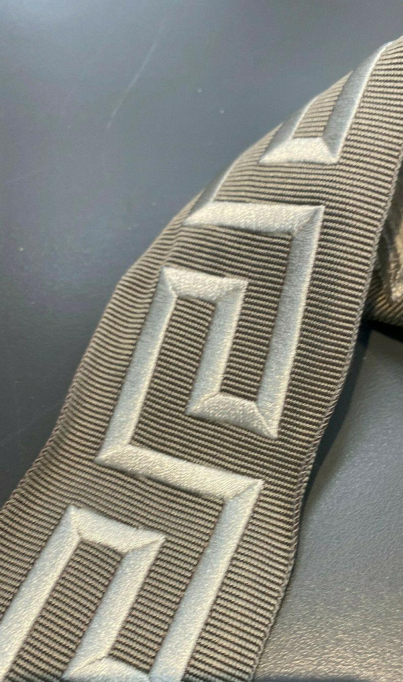Embroidery Charcoal Greek Key Trim Tape - Silver Embroidery On Charcoal Base, 2.1" Width (1 Yard)