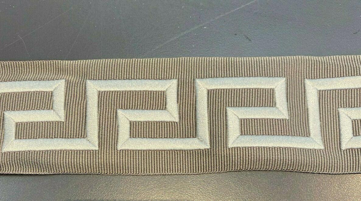 Embroidery Charcoal Greek Key Trim Tape - Silver Embroidery On Charcoal Base, 2.1" Width (1 Yard)