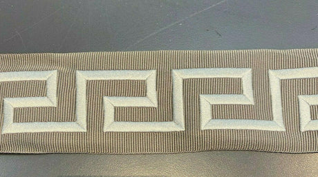 Embroidery Charcoal Greek Key Trim Tape - Silver Embroidery On Charcoal Base, 2.1" Width (1 Yard)