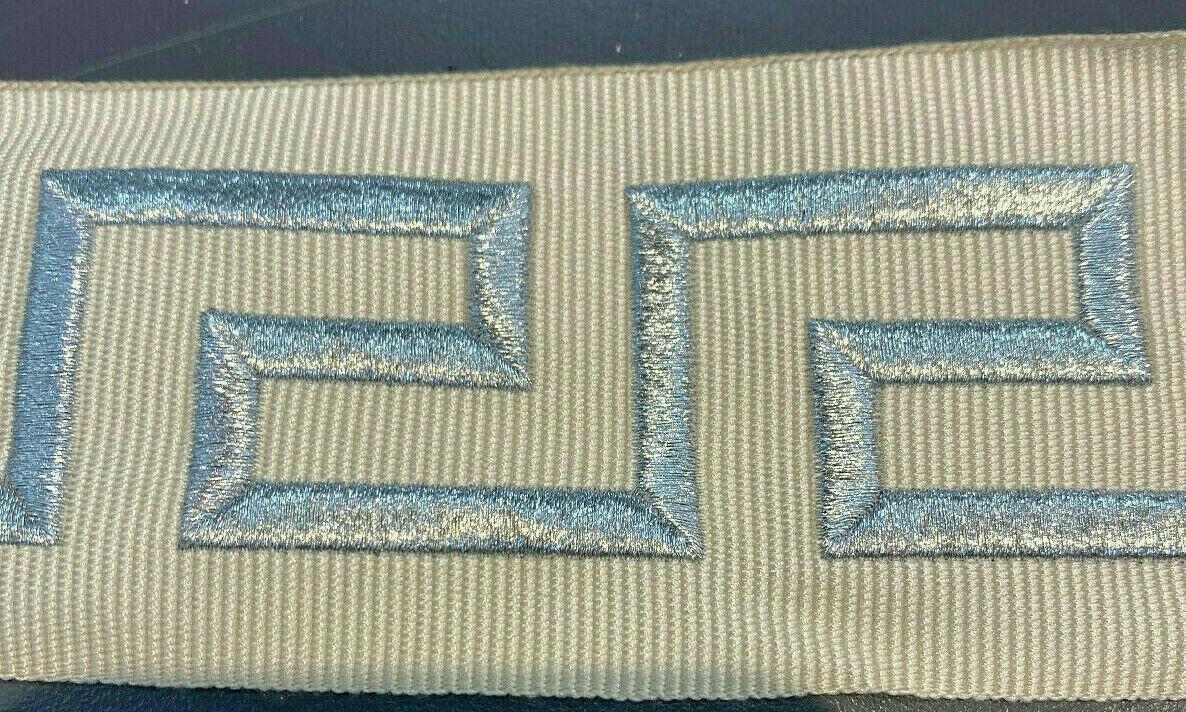 Embroidery Ivory Silver Greek Key Trim Tape - Ivory With Silver Embroidery, 2.1" Width (1 Yard)