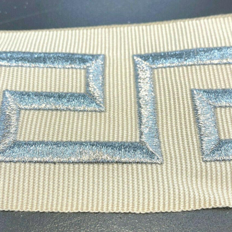 Embroidery Ivory Silver Greek Key Trim Tape - Ivory With Silver Embroidery, 2.1" Width (1 Yard)