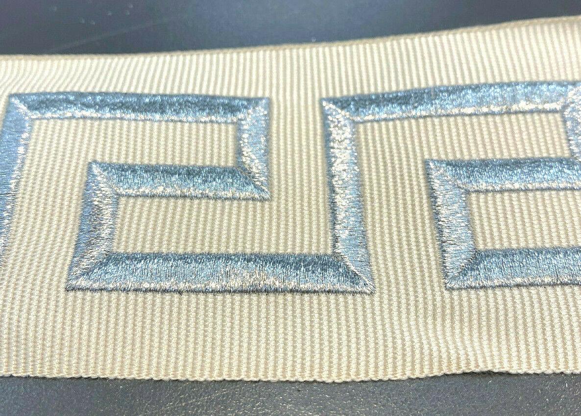 Embroidery Ivory Silver Greek Key Trim Tape - Ivory With Silver Embroidery, 2.1" Width (1 Yard)