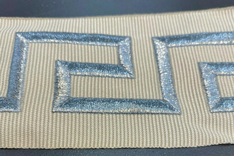 Embroidery Ivory Silver Greek Key Trim Tape - Ivory With Silver Embroidery, 2.1" Width (1 Yard)