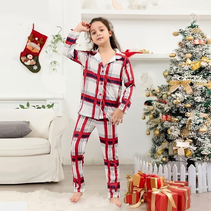 Christmas Outfits Checkered Open Button Pajamas Sets