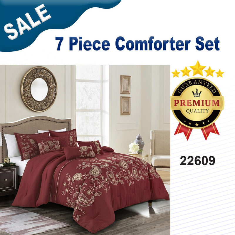 Paisley Embroidery 7 Pieces Burgundy Comforter Set