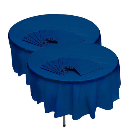 12-Pack Navy Blue 82'' Round Disposable Plastic Tablecloths – Banquet Style