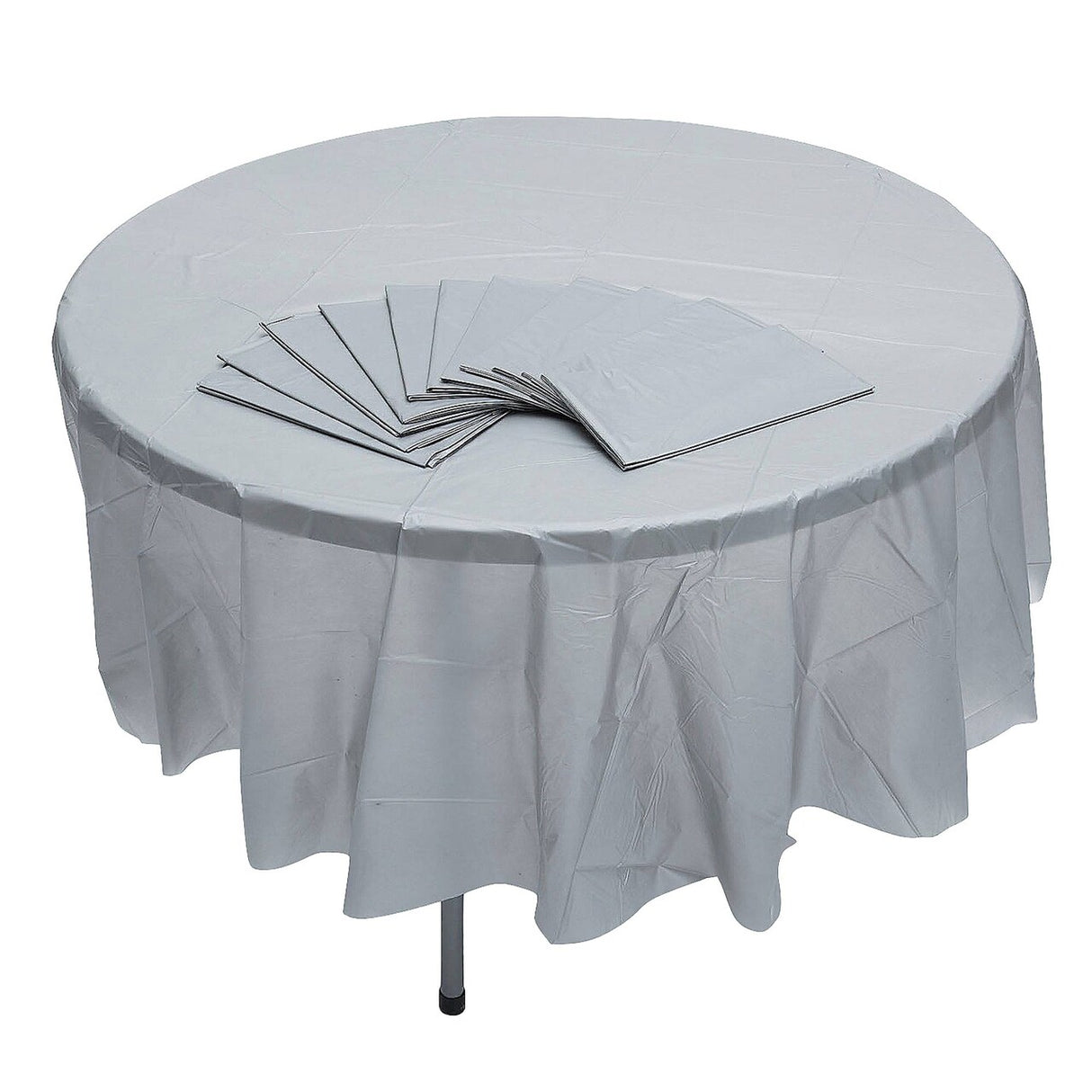 6 Ft. 10" Bulk 12ct Silver Round Disposable Plastic Tablecloths