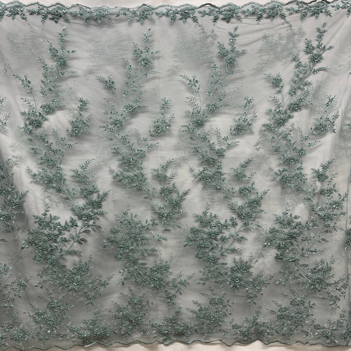 Beaded Floral Lace Fabric on Polyester Net Mesh