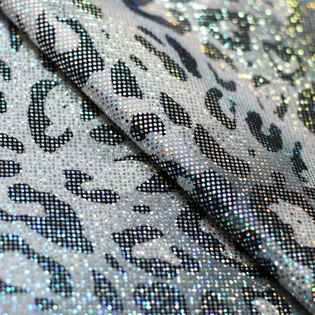 Iridescent Leopard Polyester Spandex Fabric - Pink, Aqua, Orange, Lime, Silver-Black Leopard Print, 58-60" Width, 200 GSM, 4-Way Stretch (1 Yard)