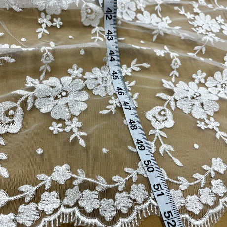 Embroidered Lace Fabric - 100 Percent Polyester Net Mesh, Floral Beaded Design, 52" Width (1 Yard)