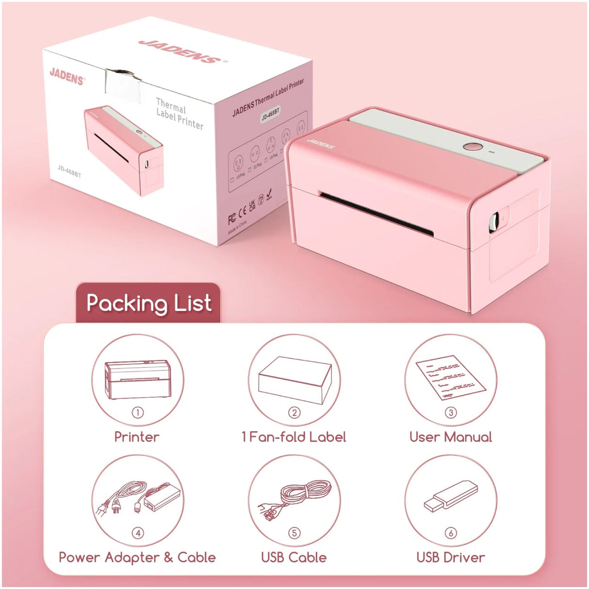 JADENS® Pink Bluetooth Thermal Label Printer 4x6