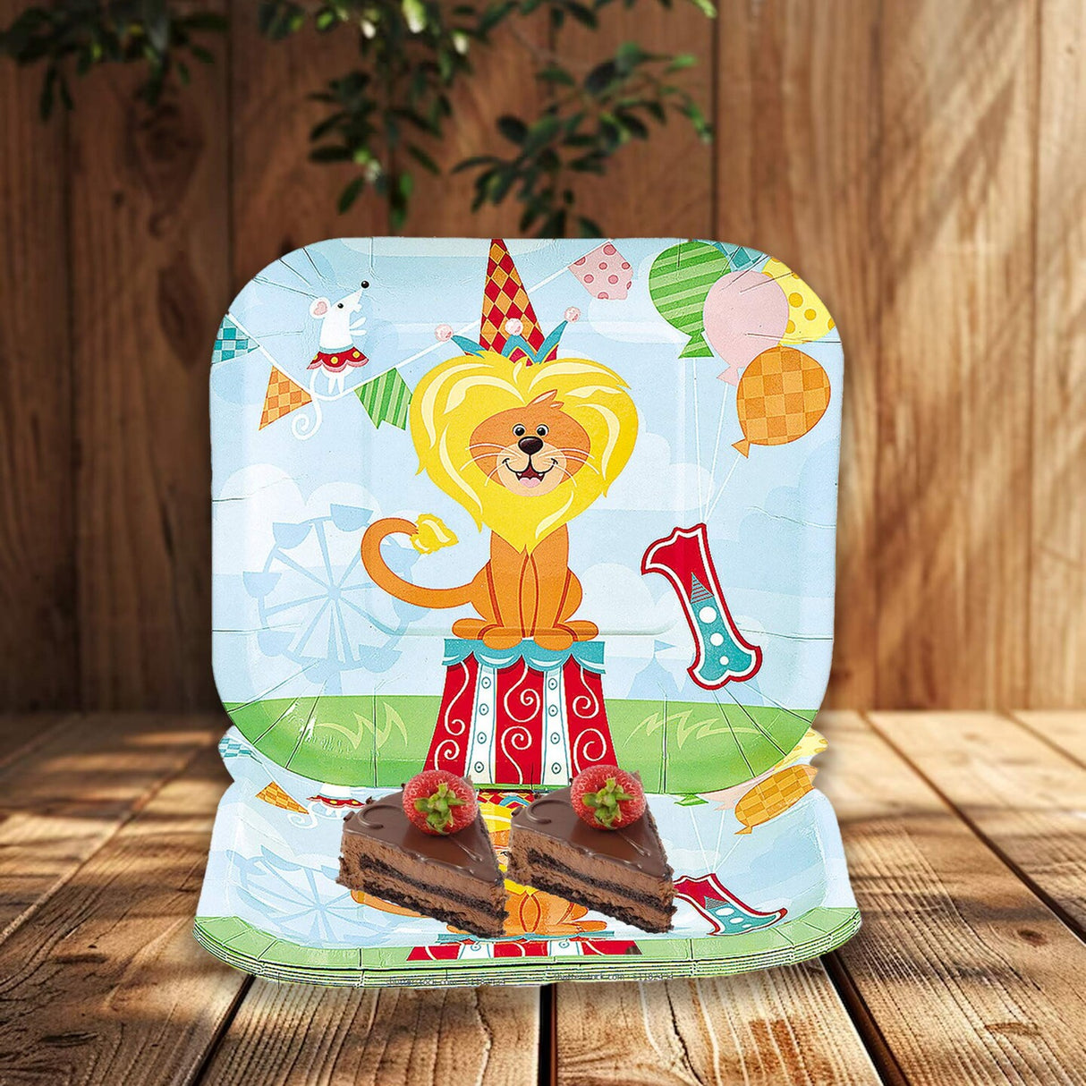 8 Ct. 1st Birthday Circus Dessert Plates Colorful Lion Theme Party Plates 7 1/4"