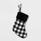 17 Inch Black And White Checkered Christmas Stocking Plush Fur Top Holiday Decoration