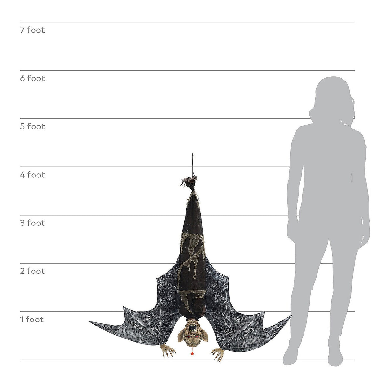 46" Menacing Hanging Bat Prop LED Eyes, Screeching Sounds, Moving Wings, Battery Operated Halloween Decor